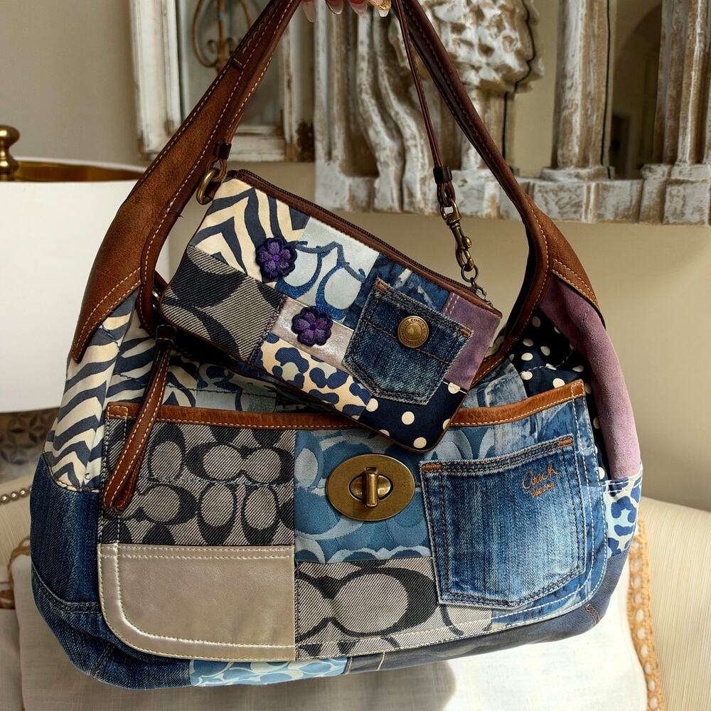 RARE 2007 Coach XL Denim Patchwork Hobo 10309 + Matching Wristlet Y2K Set